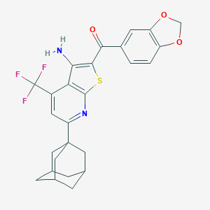 molecular formula C26H23F3N2O3S B460269 [6-(1-Adamantyl)-3-amino-4-(trifluoromethyl)thieno[2,3-b]pyridin-2-yl]-(1,3-benzodioxol-5-yl)methanone CAS No. 488745-28-4
