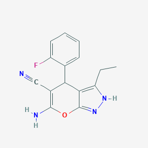 molecular formula C15H13FN4O B460273 6-Amino-3-ethyl-4-(2-fluorophenyl)-1,4-dihydropyrano[2,3-c]pyrazole-5-carbonitrile 