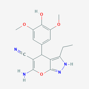 molecular formula C17H18N4O4 B460274 6-Amino-3-ethyl-4-(4-hydroxy-3,5-dimethoxyphenyl)-1,4-dihydropyrano[2,3-c]pyrazole-5-carbonitrile 