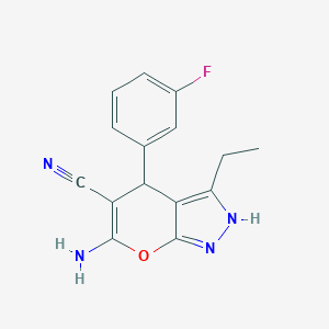 molecular formula C15H13FN4O B460275 6-Amino-3-ethyl-4-(3-fluorophenyl)-1,4-dihydropyrano[2,3-c]pyrazole-5-carbonitrile 