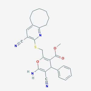 molecular formula C27H26N4O3S B460297 6-氨基-5-氰基-2-[(3-氰基-5,6,7,8,9,10-六氢环辛并[b]吡啶-2-基)硫烷基甲基]-4-苯基-4H-吡喃-3-羧酸甲酯 CAS No. 354556-44-8