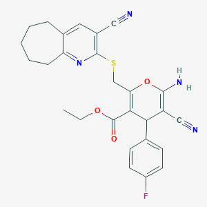 molecular formula C27H25FN4O3S B460299 ethyl 6-amino-5-cyano-2-[(3-cyano-6,7,8,9-tetrahydro-5H-cyclohepta[b]pyridin-2-yl)sulfanylmethyl]-4-(4-fluorophenyl)-4H-pyran-3-carboxylate CAS No. 354556-46-0