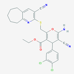 molecular formula C27H24Cl2N4O3S B460301 乙基6-氨基-5-氰基-2-[(3-氰基-6,7,8,9-四氢-5H-环庚[b]吡啶-2-基)硫代甲基]-4-(3,4-二氯苯基)-4H-吡喃-3-羧酸酯 CAS No. 445384-07-6