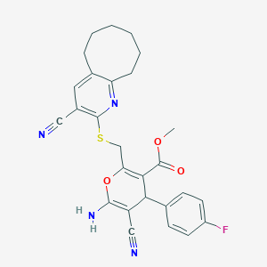 molecular formula C27H25FN4O3S B460302 methyl 6-amino-5-cyano-2-[(3-cyano-5,6,7,8,9,10-hexahydrocycloocta[b]pyridin-2-yl)sulfanylmethyl]-4-(4-fluorophenyl)-4H-pyran-3-carboxylate CAS No. 354556-45-9