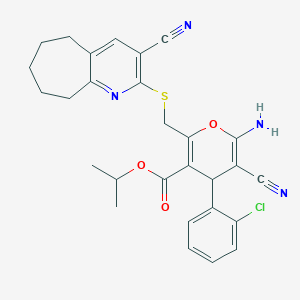 molecular formula C28H27ClN4O3S B460303 丙烷-2-基 6-氨基-4-(2-氯苯基)-5-氰基-2-[(3-氰基-6,7,8,9-四氢-5H-环庚[b]吡啶-2-基)硫代甲基]-4H-吡喃-3-羧酸酯 CAS No. 445384-05-4
