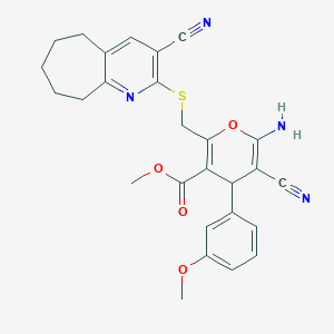molecular formula C27H26N4O4S B460305 methyl 6-amino-5-cyano-2-[(3-cyano-6,7,8,9-tetrahydro-5H-cyclohepta[b]pyridin-2-yl)sulfanylmethyl]-4-(3-methoxyphenyl)-4H-pyran-3-carboxylate CAS No. 445384-08-7