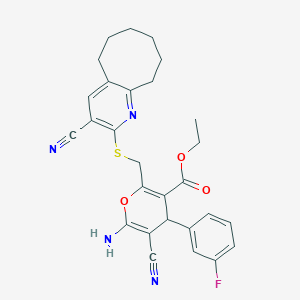 molecular formula C28H27FN4O3S B460306 ethyl 6-amino-5-cyano-2-[(3-cyano-5,6,7,8,9,10-hexahydrocycloocta[b]pyridin-2-yl)sulfanylmethyl]-4-(3-fluorophenyl)-4H-pyran-3-carboxylate CAS No. 445384-10-1