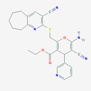 molecular formula C26H25N5O3S B460307 ethyl 6-amino-5-cyano-2-[(3-cyano-6,7,8,9-tetrahydro-5H-cyclohepta[b]pyridin-2-yl)sulfanylmethyl]-4-pyridin-3-yl-4H-pyran-3-carboxylate CAS No. 625375-71-5