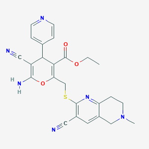 molecular formula C25H24N6O3S B460309 ethyl 6-amino-5-cyano-2-{[(3-cyano-6-methyl-5,6,7,8-tetrahydro[1,6]naphthyridin-2-yl)sulfanyl]methyl}-4-(4-pyridinyl)-4H-pyran-3-carboxylate 