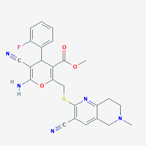 molecular formula C25H22FN5O3S B460310 methyl 6-amino-5-cyano-2-{[(3-cyano-6-methyl-5,6,7,8-tetrahydro[1,6]naphthyridin-2-yl)sulfanyl]methyl}-4-(2-fluorophenyl)-4H-pyran-3-carboxylate 