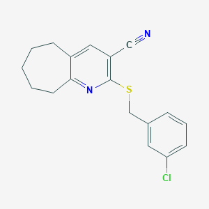 molecular formula C18H17ClN2S B460312 2-[(3-chlorobenzyl)sulfanyl]-6,7,8,9-tetrahydro-5H-cyclohepta[b]pyridine-3-carbonitrile CAS No. 445384-15-6