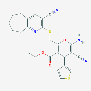 molecular formula C25H24N4O3S2 B460313 ethyl 6-amino-5-cyano-2-[(3-cyano-6,7,8,9-tetrahydro-5H-cyclohepta[b]pyridin-2-yl)sulfanylmethyl]-4-thiophen-3-yl-4H-pyran-3-carboxylate CAS No. 445384-12-3