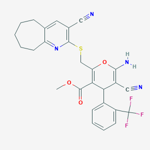 molecular formula C27H23F3N4O3S B460316 methyl 6-amino-5-cyano-2-[(3-cyano-6,7,8,9-tetrahydro-5H-cyclohepta[b]pyridin-2-yl)sulfanylmethyl]-4-[2-(trifluoromethyl)phenyl]-4H-pyran-3-carboxylate CAS No. 445384-13-4