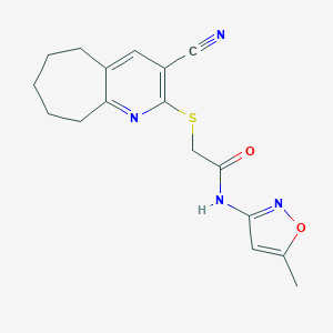molecular formula C17H18N4O2S B460317 2-[(3-cyano-6,7,8,9-tetrahydro-5H-cyclohepta[b]pyridin-2-yl)sulfanyl]-N-(5-methyl-1,2-oxazol-3-yl)acetamide 