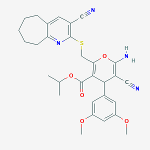 propan-2-yl 6-amino-5-cyano-2-[(3-cyano-6,7,8,9-tetrahydro-5H-cyclohepta[b]pyridin-2-yl)sulfanylmethyl]-4-(3,5-dimethoxyphenyl)-4H-pyran-3-carboxylate