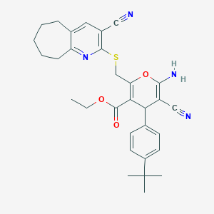 molecular formula C31H34N4O3S B460326 6-氨基-4-(4-叔丁基苯基)-5-氰基-2-[(3-氰基-6,7,8,9-四氢-5H-环庚并[b]吡啶-2-基)硫代甲基]-4H-吡喃-3-甲酸乙酯 CAS No. 445384-33-8