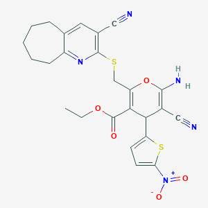 molecular formula C25H23N5O5S2 B460328 ethyl 6-amino-5-cyano-2-{[(3-cyano-6,7,8,9-tetrahydro-5H-cyclohepta[b]pyridin-2-yl)sulfanyl]methyl}-4-{5-nitro-2-thienyl}-4H-pyran-3-carboxylate 