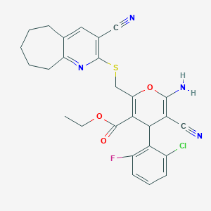 molecular formula C27H24ClFN4O3S B460332 ethyl 6-amino-4-(2-chloro-6-fluorophenyl)-5-cyano-2-[(3-cyano-6,7,8,9-tetrahydro-5H-cyclohepta[b]pyridin-2-yl)sulfanylmethyl]-4H-pyran-3-carboxylate CAS No. 445384-30-5