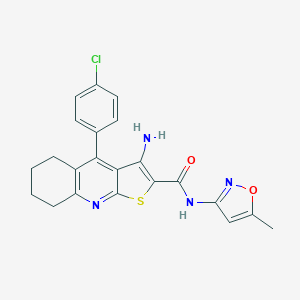 molecular formula C22H19ClN4O2S B460351 3-amino-4-(4-chlorophenyl)-N-(5-methyl-3-isoxazolyl)-5,6,7,8-tetrahydrothieno[2,3-b]quinoline-2-carboxamide 