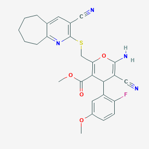 molecular formula C27H25FN4O4S B460352 methyl 6-amino-5-cyano-2-[(3-cyano-6,7,8,9-tetrahydro-5H-cyclohepta[b]pyridin-2-yl)sulfanylmethyl]-4-(2-fluoro-5-methoxyphenyl)-4H-pyran-3-carboxylate CAS No. 445384-60-1