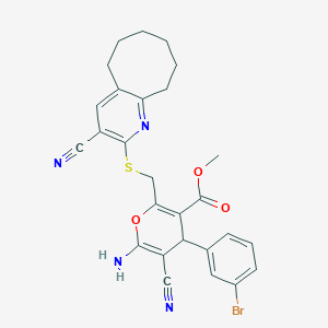 methyl 6-amino-4-(3-bromophenyl)-5-cyano-2-[(3-cyano-5,6,7,8,9,10-hexahydrocycloocta[b]pyridin-2-yl)sulfanylmethyl]-4H-pyran-3-carboxylate