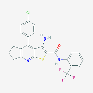 molecular formula C24H17ClF3N3OS B460355 3-amino-4-(4-chlorophenyl)-N-[2-(trifluoromethyl)phenyl]-6,7-dihydro-5H-cyclopenta[b]thieno[3,2-e]pyridine-2-carboxamide CAS No. 384800-02-6