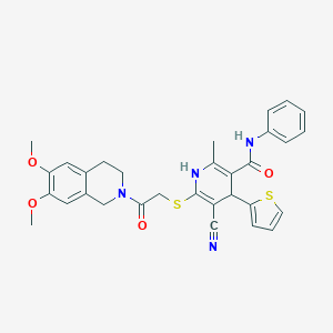 molecular formula C31H30N4O4S2 B460359 5-cyano-6-{[2-(6,7-dimethoxy-3,4-dihydro-2(1H)-isoquinolinyl)-2-oxoethyl]sulfanyl}-2-methyl-N-phenyl-4-(2-thienyl)-1,4-dihydro-3-pyridinecarboxamide 