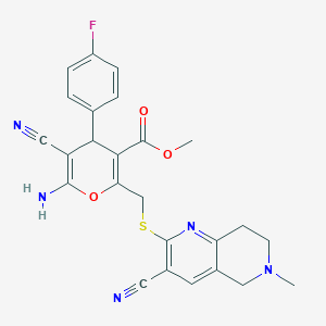 molecular formula C25H22FN5O3S B460369 6-amino-5-cyano-2-[[(3-cyano-6-methyl-7,8-dihydro-5H-1,6-naphthyridin-2-yl)thio]methyl]-4-(4-fluorophenyl)-4H-pyran-3-carboxylic acid methyl ester 