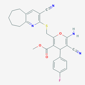 molecular formula C26H23FN4O3S B460371 methyl 6-amino-5-cyano-2-[(3-cyano-6,7,8,9-tetrahydro-5H-cyclohepta[b]pyridin-2-yl)sulfanylmethyl]-4-(4-fluorophenyl)-4H-pyran-3-carboxylate CAS No. 445384-74-7