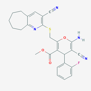 molecular formula C26H23FN4O3S B460374 methyl 6-amino-5-cyano-2-[(3-cyano-6,7,8,9-tetrahydro-5H-cyclohepta[b]pyridin-2-yl)sulfanylmethyl]-4-(2-fluorophenyl)-4H-pyran-3-carboxylate CAS No. 445384-79-2