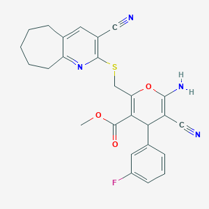 molecular formula C26H23FN4O3S B460377 methyl 6-amino-5-cyano-2-[(3-cyano-6,7,8,9-tetrahydro-5H-cyclohepta[b]pyridin-2-yl)sulfanylmethyl]-4-(3-fluorophenyl)-4H-pyran-3-carboxylate CAS No. 445384-81-6
