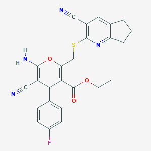 molecular formula C25H21FN4O3S B460378 ethyl 6-amino-5-cyano-2-{[(3-cyano-6,7-dihydro-5H-cyclopenta[b]pyridin-2-yl)sulfanyl]methyl}-4-(4-fluorophenyl)-4H-pyran-3-carboxylate 