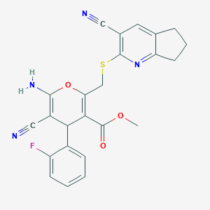 molecular formula C24H19FN4O3S B460384 methyl 6-amino-5-cyano-2-{[(3-cyano-6,7-dihydro-5H-cyclopenta[b]pyridin-2-yl)sulfanyl]methyl}-4-(2-fluorophenyl)-4H-pyran-3-carboxylate 