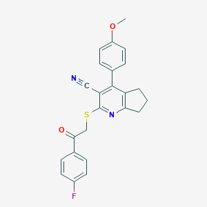 molecular formula C24H19FN2O2S B460386 2-{[2-(4-fluorophenyl)-2-oxoethyl]sulfanyl}-4-(4-methoxyphenyl)-6,7-dihydro-5H-cyclopenta[b]pyridine-3-carbonitrile 