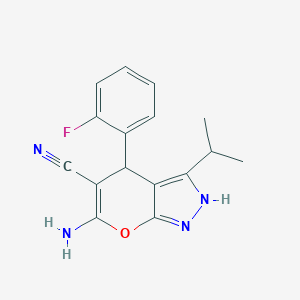 molecular formula C16H15FN4O B460456 6-Amino-4-(2-fluorophenyl)-3-isopropyl-2,4-dihydropyrano[2,3-c]pyrazole-5-carbonitrile 