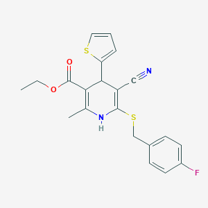 molecular formula C21H19FN2O2S2 B460460 Ethyl 5-cyano-6-[(4-fluorobenzyl)sulfanyl]-2-methyl-4-(2-thienyl)-1,4-dihydro-3-pyridinecarboxylate CAS No. 445385-91-1