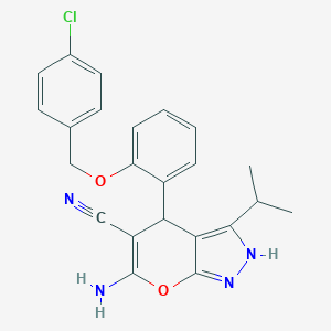 molecular formula C23H21ClN4O2 B460461 6-Amino-4-[2-[(4-chlorophenyl)methoxy]phenyl]-3-propan-2-yl-2,4-dihydropyrano[2,3-c]pyrazole-5-carbonitrile CAS No. 445385-98-8