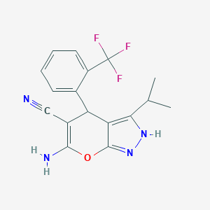 molecular formula C17H15F3N4O B460462 6-Amino-3-isopropyl-4-[2-(trifluoromethyl)phenyl]-2,4-dihydropyrano[2,3-c]pyrazole-5-carbonitrile CAS No. 445385-99-9