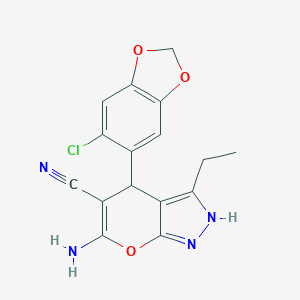 molecular formula C16H13ClN4O3 B460471 6-Amino-4-(6-chloro-1,3-benzodioxol-5-yl)-3-ethyl-1,4-dihydropyrano[2,3-c]pyrazole-5-carbonitrile 