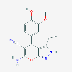 molecular formula C16H16N4O3 B460473 6-Amino-3-ethyl-4-(4-hydroxy-3-methoxyphenyl)-1,4-dihydropyrano[2,3-c]pyrazole-5-carbonitrile 