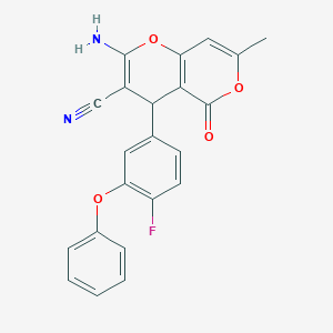 molecular formula C22H15FN2O4 B460475 2-amino-4-[4-fluoro-3-(phenyloxy)phenyl]-7-methyl-5-oxo-4H,5H-pyrano[4,3-b]pyran-3-carbonitrile CAS No. 371133-06-1
