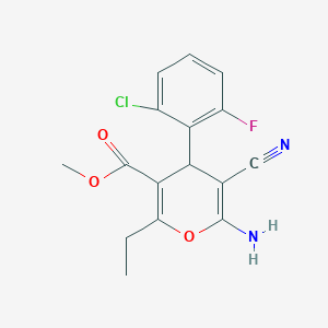 molecular formula C16H14ClFN2O3 B460480 methyl 6-amino-4-(2-chloro-6-fluorophenyl)-5-cyano-2-ethyl-4H-pyran-3-carboxylate 