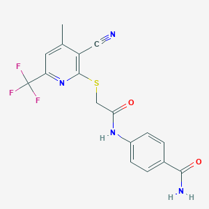 molecular formula C17H13F3N4O2S B460548 4-[({[3-Cyano-4-methyl-6-(trifluoromethyl)-2-pyridinyl]sulfanyl}acetyl)amino]benzamide 