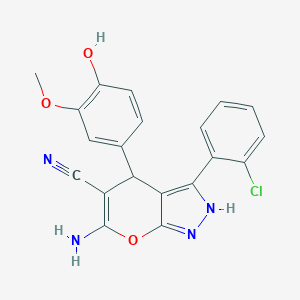 molecular formula C20H15ClN4O3 B460556 6-Amino-3-(2-chlorophenyl)-4-(4-hydroxy-3-methoxyphenyl)-1,4-dihydropyrano[2,3-c]pyrazole-5-carbonitrile 