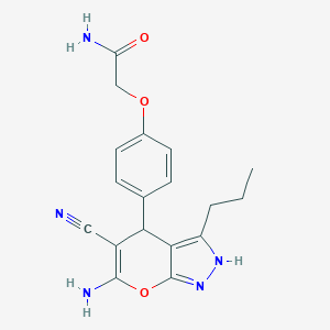 molecular formula C18H19N5O3 B460585 2-[4-(6-Amino-5-cyano-3-propyl-2,4-dihydropyrano[2,3-c]pyrazol-4-yl)phenoxy]acetamide 