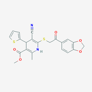 molecular formula C22H18N2O5S2 B460591 Methyl 6-{[2-(1,3-benzodioxol-5-yl)-2-oxoethyl]sulfanyl}-5-cyano-2-methyl-4-(2-thienyl)-1,4-dihydro-3-pyridinecarboxylate 