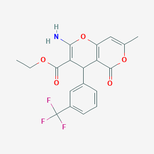 molecular formula C19H16F3NO5 B460593 ethyl 2-amino-7-methyl-5-oxo-4-[3-(trifluoromethyl)phenyl]-4H,5H-pyrano[4,3-b]pyran-3-carboxylate 