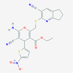 molecular formula C23H19N5O5S2 B460597 ethyl 6-amino-5-cyano-2-[(3-cyano-6,7-dihydro-5H-cyclopenta[b]pyridin-2-yl)sulfanylmethyl]-4-(5-nitrothiophen-2-yl)-4H-pyran-3-carboxylate CAS No. 445390-92-1