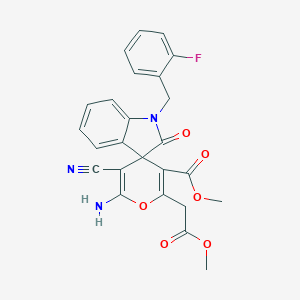 molecular formula C25H20FN3O6 B460604 Methyl 6'-amino-5'-cyano-1-[(2-fluorophenyl)methyl]-2'-(2-methoxy-2-oxoethyl)-2-oxospiro[indole-3,4'-pyran]-3'-carboxylate CAS No. 445390-89-6