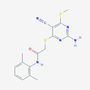 molecular formula C16H17N5OS2 B460605 2-{[2-amino-5-cyano-6-(methylsulfanyl)-4-pyrimidinyl]sulfanyl}-N-(2,6-dimethylphenyl)acetamide 
